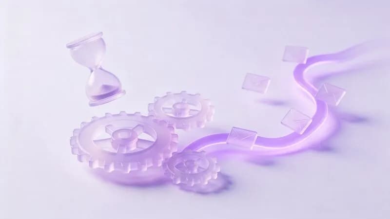 Frosted-glass cogs and an hourglass beside envelopes flowing along a glowing path: tickets moving through rules and timers