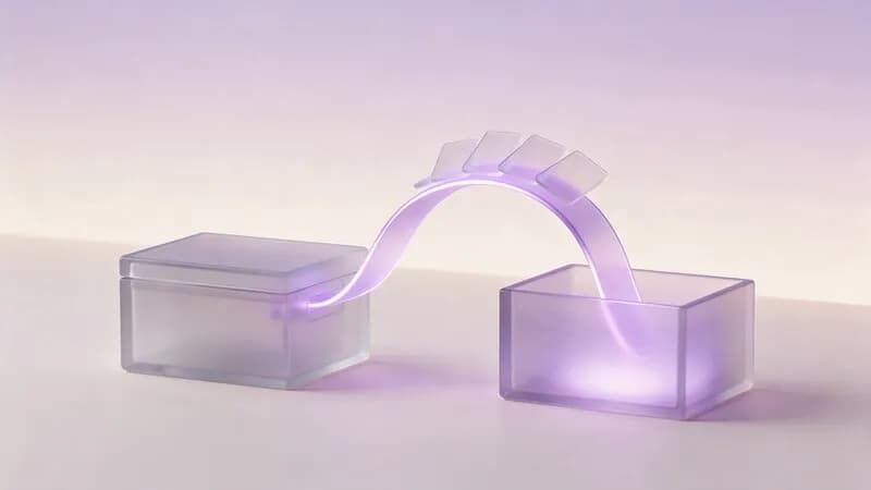 A glowing ribbon carrying small glass cards from a closed box into an open one: your saved setup moving across