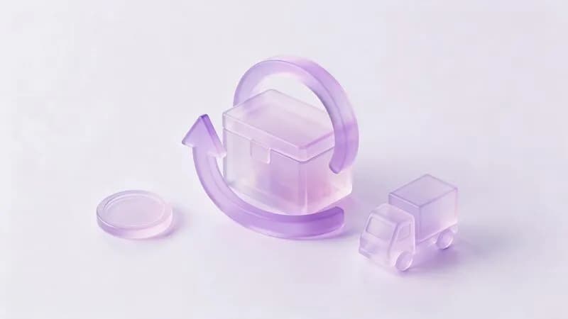 A frosted-glass parcel circled by a return arrow, beside a coin and a delivery truck: refunds, replacements and shipping