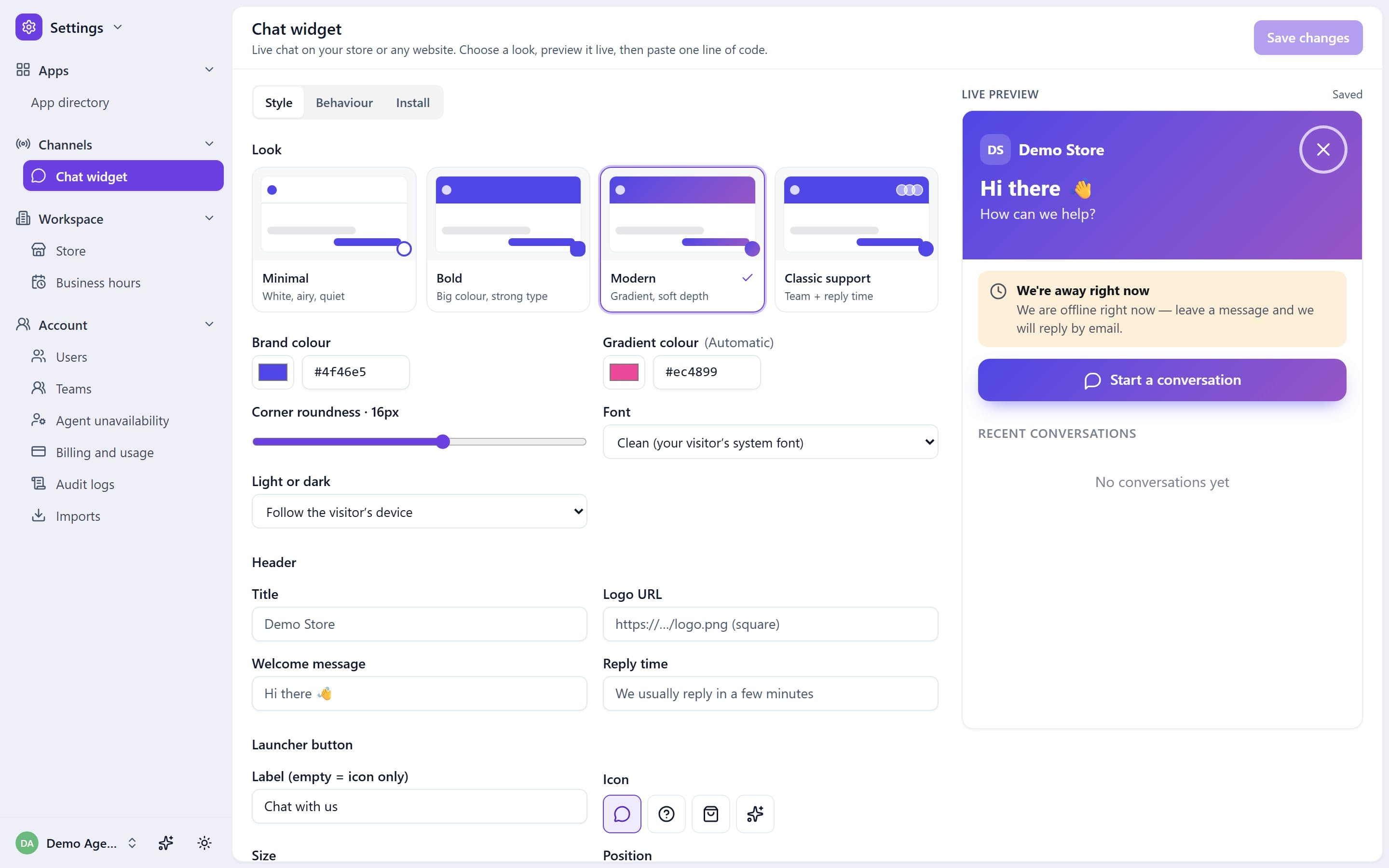 Settings, Chat widget in Hushdesk: style presets and options on the left, a live preview of the widget on a sample store on the right